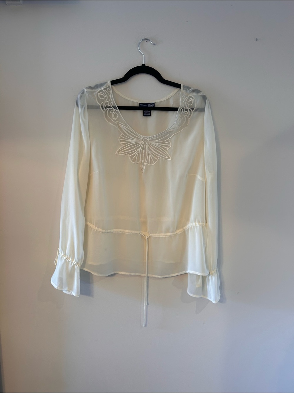 Sheer Cream Embroidered Long-Sleeve Blouse with Tie Waist